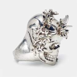 Pre Owned Alexander McQueen Skull Crystals Silver Tone Ring Size 53