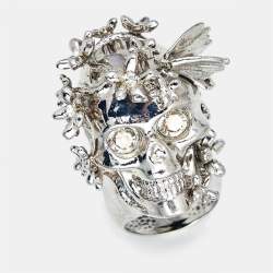 Pre Owned Alexander McQueen Skull Crystals Silver Tone Ring Size 53