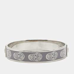 Pre Owned Alexander McQueen Enamel Skull Silver Tone Bangle Bracelet
