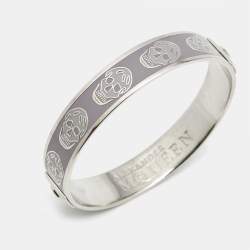 Pre Owned Alexander McQueen Enamel Skull Silver Tone Bangle Bracelet