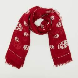 Pre Owned Alexander McQueen Red Skull printed Modal & Silk Scarf