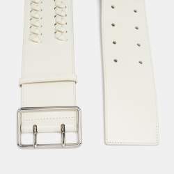 Pre Owned Alexander McQueen White Leather Braided Wide Belt 70CM