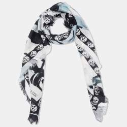 Pre Owned وشاح ألكسندر مكوين حرير ومودال مطبوع جمجمة أبيض