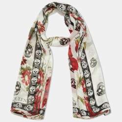 مملوكة مسبقًا وشاح أليكساندر ماكوين حرير طباعة وردة وجمجمة أبيض