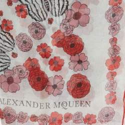 Pre Owned Alexander McQueen White Floral and Skull Print Silk Scarf