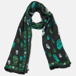 Pre Owned Alexander McQueen Black/Green Skull Print Silk Scarf