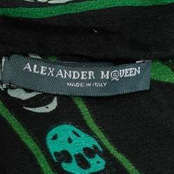 Pre Owned Alexander McQueen Black/Green Skull Print Silk Scarf
