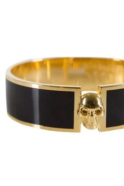 Pre Owned Alexander McQueen Skull Black Resin Gold Tone Wide Bracelet