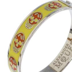 Pre Owned Alexander McQueen Yellow Resin Skull Enamel Silver Tone Bangle Bracelet