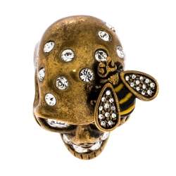 مملوكة مسبقًا  Alexander McQueen Gold Tone Crystal Skull and Bee Cocktail Ring Size EU 54.5