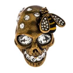 مملوكة مسبقًا  Alexander McQueen Gold Tone Crystal Skull and Bee Cocktail Ring Size EU 54.5