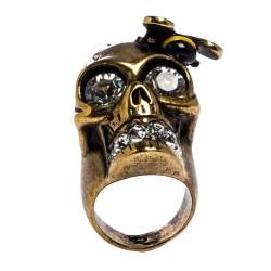 مملوكة مسبقًا  Alexander McQueen Gold Tone Crystal Skull and Bee Cocktail Ring Size EU 54.5