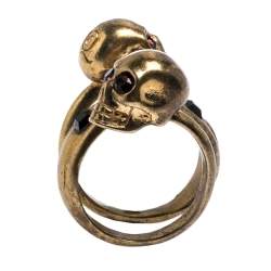 Pre Owned McQ by Alexander McQueen Double Crystal Skull Wrap Gold Tone Ring EU 53