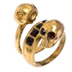 Pre Owned McQ by Alexander McQueen Double Crystal Skull Wrap Gold Tone Ring EU 53
