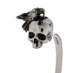 Pre Owned Alexander McQueen Raven Skull Silver Tone Open Cuff Bracelet M