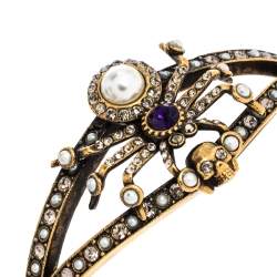 Pre Owned Alexander McQueen Crystal Faux Pearl Gold Tone Spider Open Cuff Bracelet S