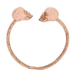 Pre Owned Alexander McQueen Twin Skull Crystal Rose Gold Tone Open Cuff Bracelet