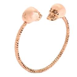 Pre Owned Alexander McQueen Twin Skull Crystal Rose Gold Tone Open Cuff Bracelet