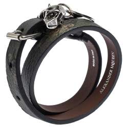 Pre Owned Alexander McQueen Skull Charm Leather Silver Tone Double Wrap Bracelet