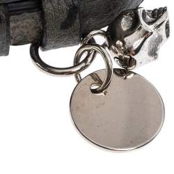 Pre Owned Alexander McQueen Skull Charm Leather Silver Tone Double Wrap Bracelet