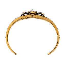 Pre Owned Alexander McQueen Crystal Faux Pearl Gold Tone Spider Open Cuff Bracelet S