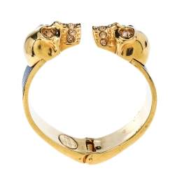 مملوكة مسبقًا Alexander McQueen Black Leather Crystal Double Skull Open Cuff Bracelet