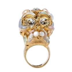 Pre Owned Alexander McQueen Skull Cultured Pearl Crystal Enamel Gold Tone Cocktail Ring Size 52.5