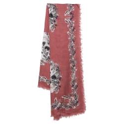 Pre Owned Alexander McQueen Berry Pink Skeleton Print Modal Silk Scarf