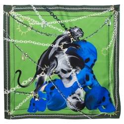 Pre Owned Alexander McQueen Green & Blue Panther Skull Print Silk Scarf