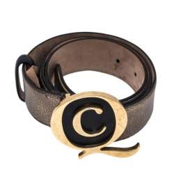 Pre Owned Alexander McQueen Metallic Bronze Leather Logo Buckle Belt Size 90 CM