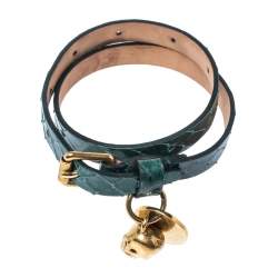 Pre Owned Alexander McQueen Green Snake Skin Crystal Skull Charm Gold Tone Double Wrap Bracelet