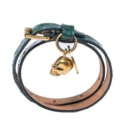 Pre Owned Alexander McQueen Green Snake Skin Crystal Skull Charm Gold Tone Double Wrap Bracelet