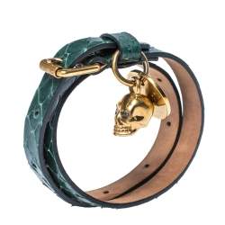 Pre Owned Alexander McQueen Green Snake Skin Crystal Skull Charm Gold Tone Double Wrap Bracelet