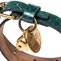 Pre Owned Alexander McQueen Green Snake Skin Crystal Skull Charm Gold Tone Double Wrap Bracelet
