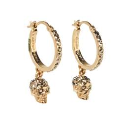 Pre Owned Alexander McQueen Skull Motif Crystal Embellished Gold Tone Drop Earrings