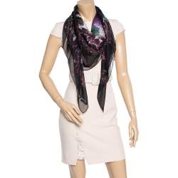 Alexander McQueen Black Animal Patterned Silk Chiffon Scarf