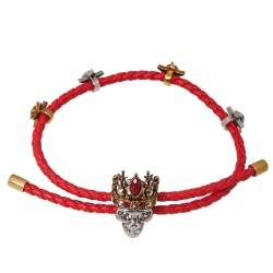 Alexander McQueen Crowned Skull Motif Crystal Two Tone Leather Bracelet