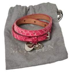 Alexander McQueen Pink Snakeskin Double Wrap Skull Bracelet