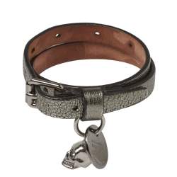 Pre Owned Alexander McQueen Silver Leather Double Wrap Skull Charm Bracelet