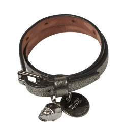 Pre Owned Alexander McQueen Silver Leather Double Wrap Skull Charm Bracelet