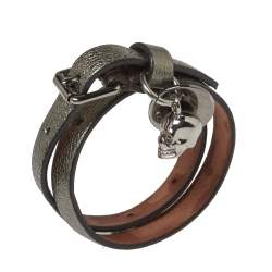 Pre Owned Alexander McQueen Silver Leather Double Wrap Skull Charm Bracelet