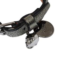 Pre Owned Alexander McQueen Silver Leather Double Wrap Skull Charm Bracelet