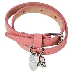 Pre Owned Alexander McQueen Pink Leather Skull Charm Double Wrap Bracelet