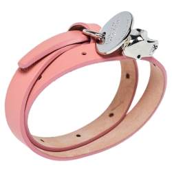 Pre Owned Alexander McQueen Pink Leather Skull Charm Double Wrap Bracelet