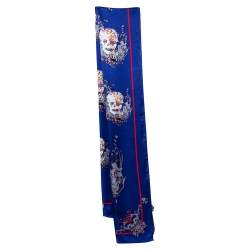 Alexander McQueen Blue Skull Print Satin Silk Scarf