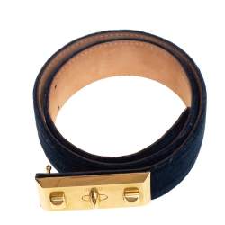 مملوكة مسبقًا Alexander McQueen Navy Blue Velvet Buckle Waist Belt 65CM