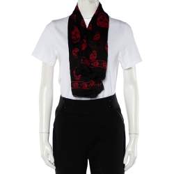 Alexander McQueen Black & Red Skull Print Silk Chiffon Scarf