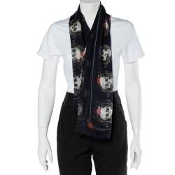 Alexander McQueen Grey Floral Skull Print Silk Scarf