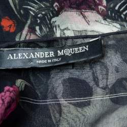 Alexander McQueen Grey Floral Skull Print Silk Scarf