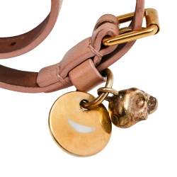 Pre Owned Alexander McQueen Skull Charm Pink Leather Gold Tone Double Wrap Bracelet 